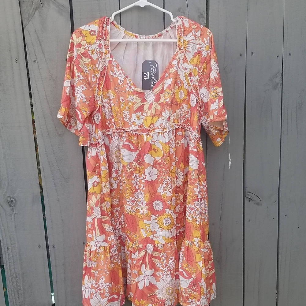 Vibrant Orange and Cream Floral Dress